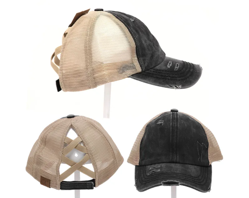 Autentisk sort/beige CC Beanie CrissCross Trucker Cap med høj hestehale og distressed vask denim