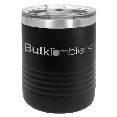 10 oz Lowball Whisky Glass med logo laserskåret på isolerede Rocks Tumblers i rustfrit stål + låg