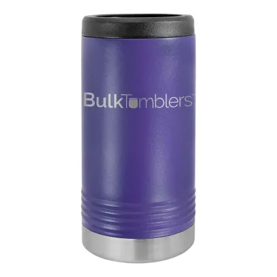 Gepersonaliseerde Skinny Beverage Holder voor slim blikje met lasergegraveerd logo op geïsoleerd roestvrij staal