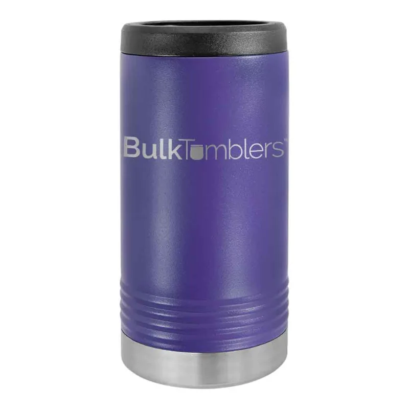 Gepersonaliseerde Skinny Beverage Holder voor slim blikje met lasergegraveerd logo op geïsoleerd roestvrij staal