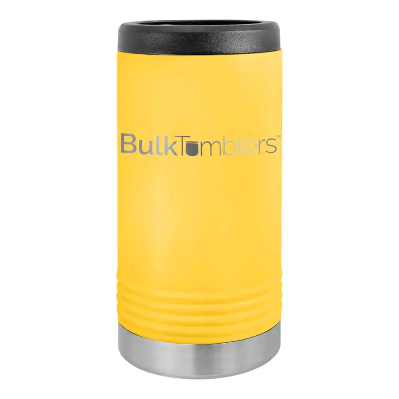 Gepersonaliseerde Skinny Beverage Holder voor slim blikje met lasergegraveerd logo op geïsoleerd roestvrij staal