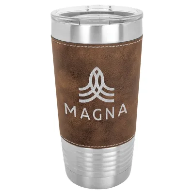 20 oz Faux Leather Personalized Tumbler -Logo Laser Engraved Insulated Stainless Steel + Lid