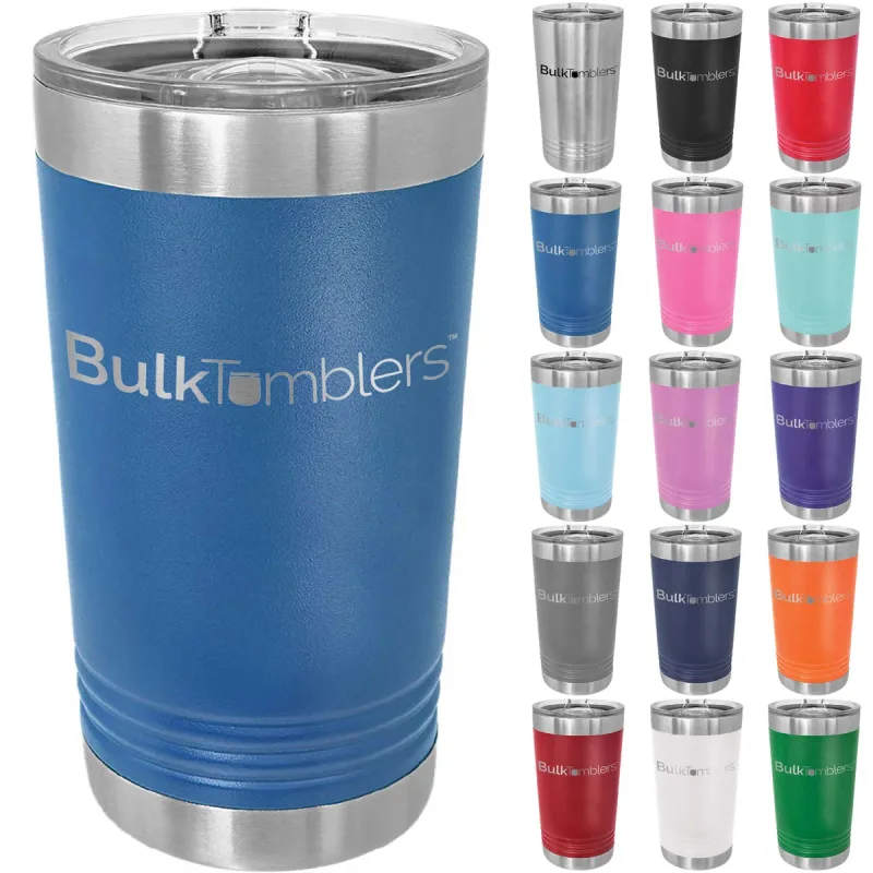 16 oz Pint Glass w Logo Laser Engraved on Insulated Stainless Steel Beer Tumblers + Lid