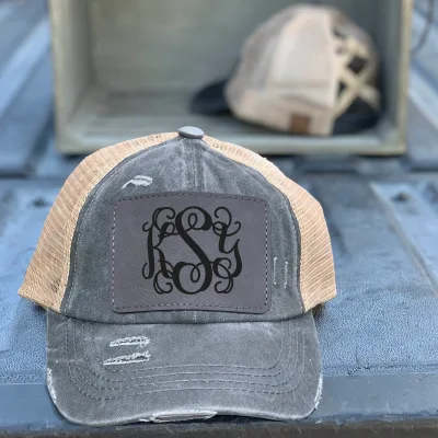 Monogram Patch Authentic CC Beanie CrissCross High Ponytail Trucker Hat Distressed Wash Denim-Engraved Faux Leather