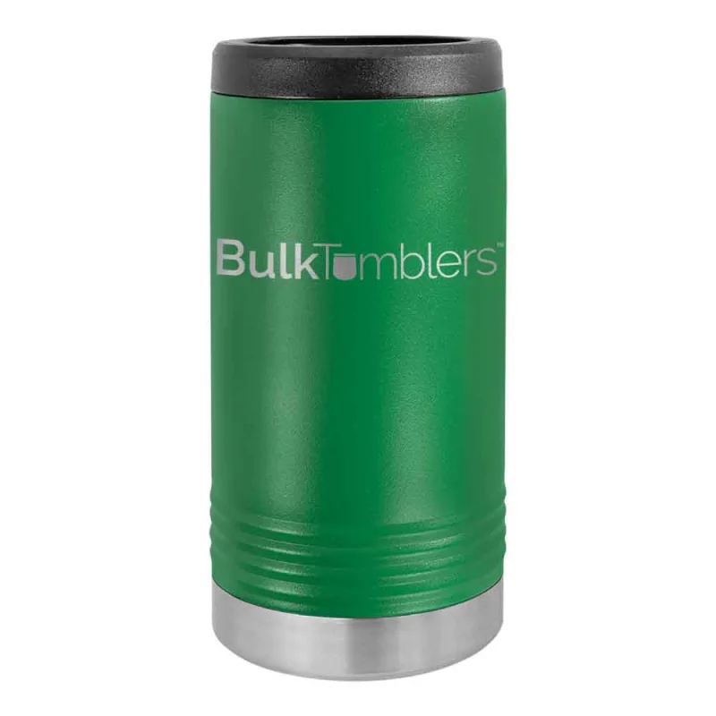 Gepersonaliseerde Skinny Beverage Holder voor slim blikje met lasergegraveerd logo op geïsoleerd roestvrij staal