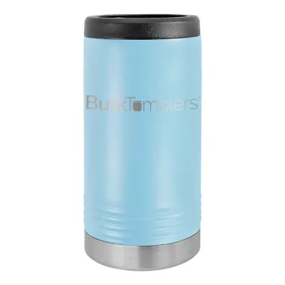 Gepersonaliseerde Skinny Beverage Holder voor slim blikje met lasergegraveerd logo op geïsoleerd roestvrij staal