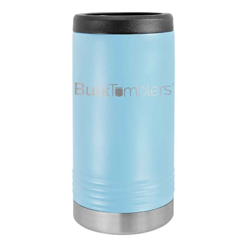 Gepersonaliseerde Skinny Beverage Holder voor slim blikje met lasergegraveerd logo op geïsoleerd roestvrij staal