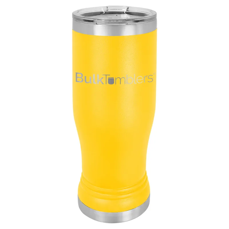 14 oz personlig ölglas-tumbler i rostfritt stål med gravyr av logotyp, isolerad, med lock