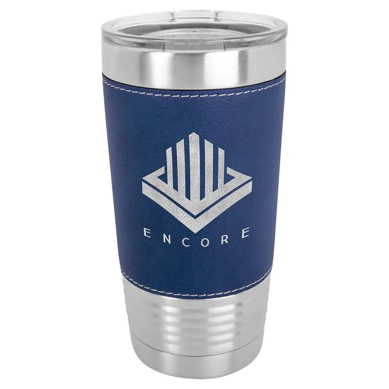 20 oz Faux Leather Personalized Tumbler -Logo Laser Engraved Insulated Stainless Steel + Lid