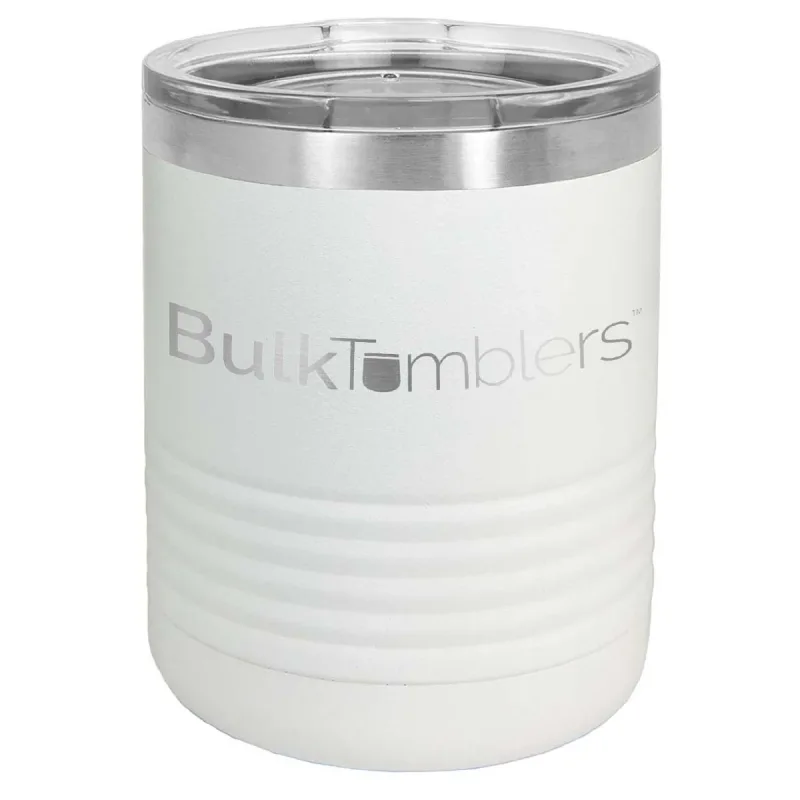 10 oz Lowball Whisky Glass med logo laserskåret på isolerede Rocks Tumblers i rustfrit stål + låg