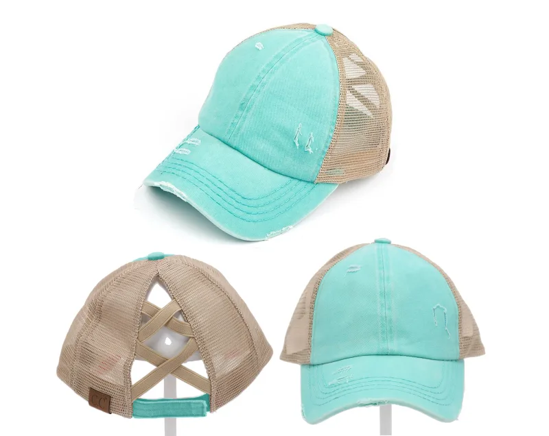 Ægte Mint CC Beanie CrissCross High Ponytail Trucker Hat Distressed Wash Denim