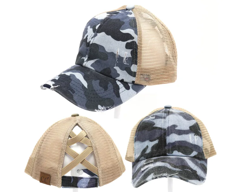 Autentisk blå camouflage CC Beanie CrissCross high ponytail trucker hat camo distressed wash denim