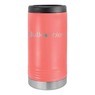 Gepersonaliseerde Skinny Beverage Holder voor slim blikje met lasergegraveerd logo op geïsoleerd roestvrij staal