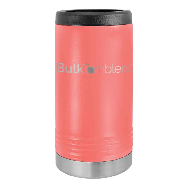 Gepersonaliseerde Skinny Beverage Holder voor slim blikje met lasergegraveerd logo op geïsoleerd roestvrij staal