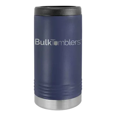 Gepersonaliseerde Skinny Beverage Holder voor slim blikje met lasergegraveerd logo op geïsoleerd roestvrij staal