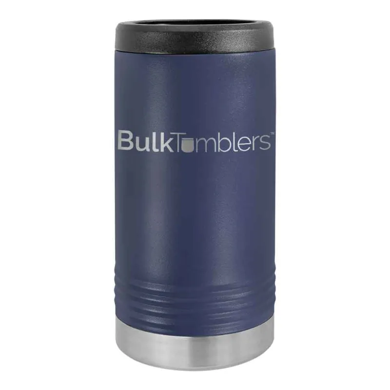 Gepersonaliseerde Skinny Beverage Holder voor slim blikje met lasergegraveerd logo op geïsoleerd roestvrij staal