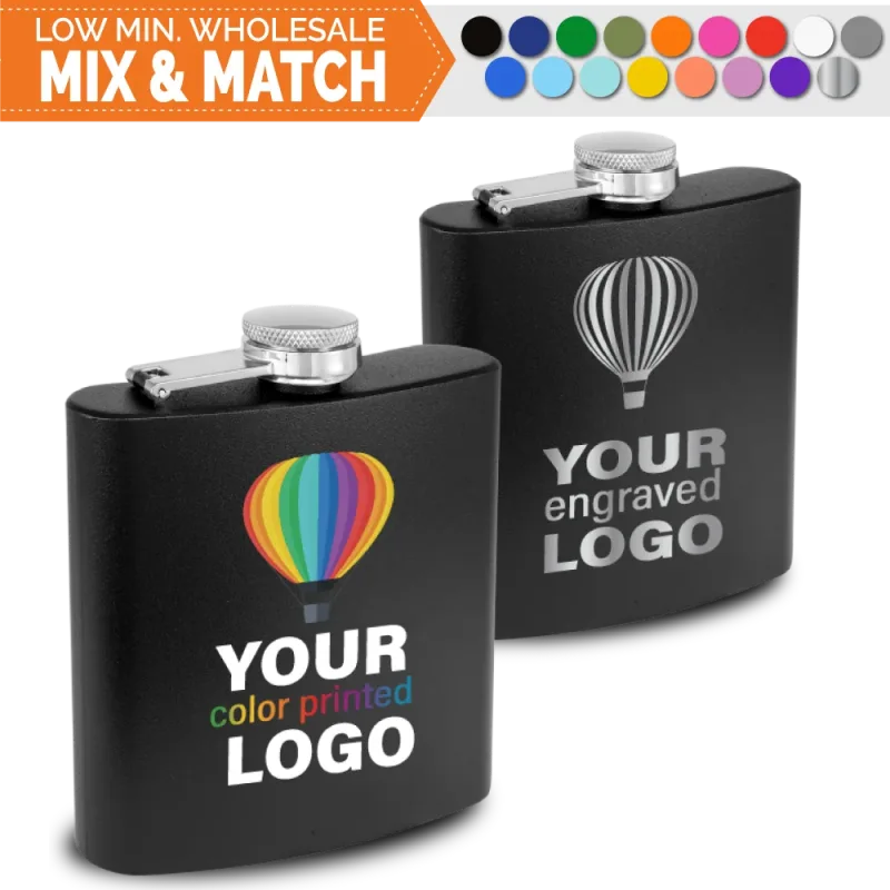 6 oz Flask -Mix & Match- Bulk Wholesale Personalized Engraved or Full Color Print Logo