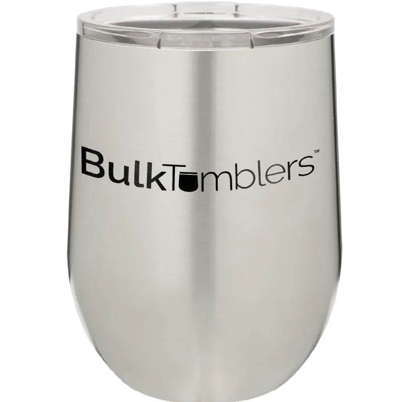 12 oz Wine Tumbler with Logo Laser Engraved on Insulated Stainless Steel Wine Tumblers + Lid