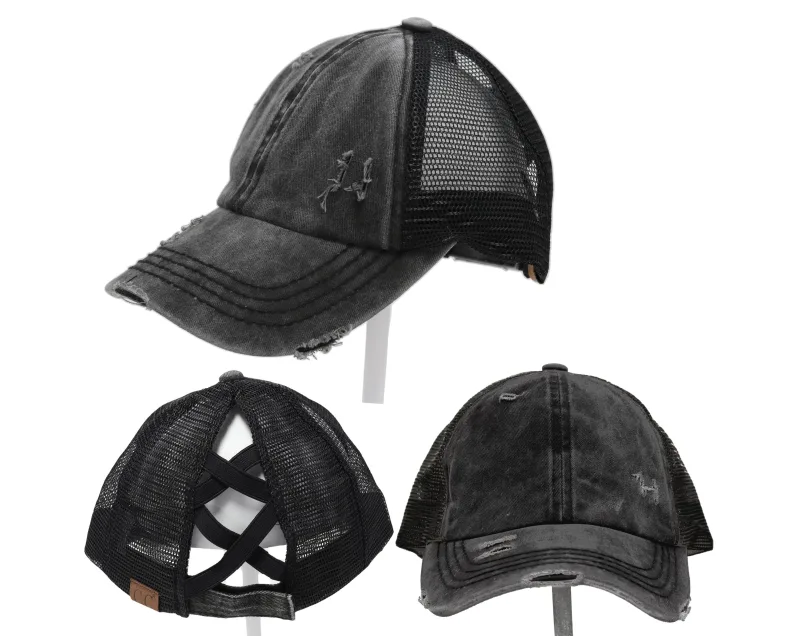 Autentisk Black/Black CC Beanie CrissCross High Ponytail Trucker Hat Distressed Wash Denim