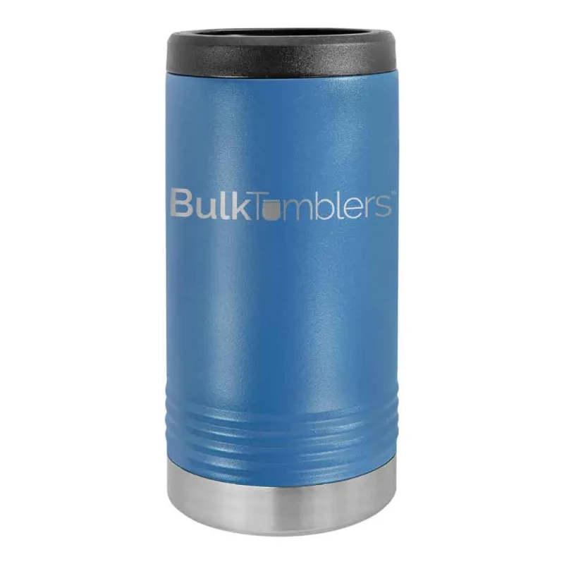 Gepersonaliseerde Skinny Beverage Holder voor slim blikje met lasergegraveerd logo op geïsoleerd roestvrij staal