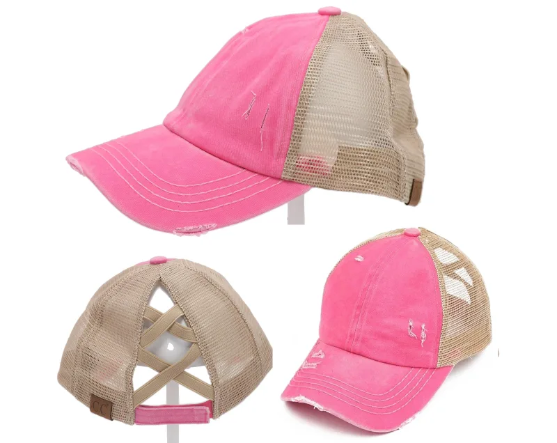 Autentisk pink CC Beanie CrissCross high ponytail trucker cap med distressed wash denim