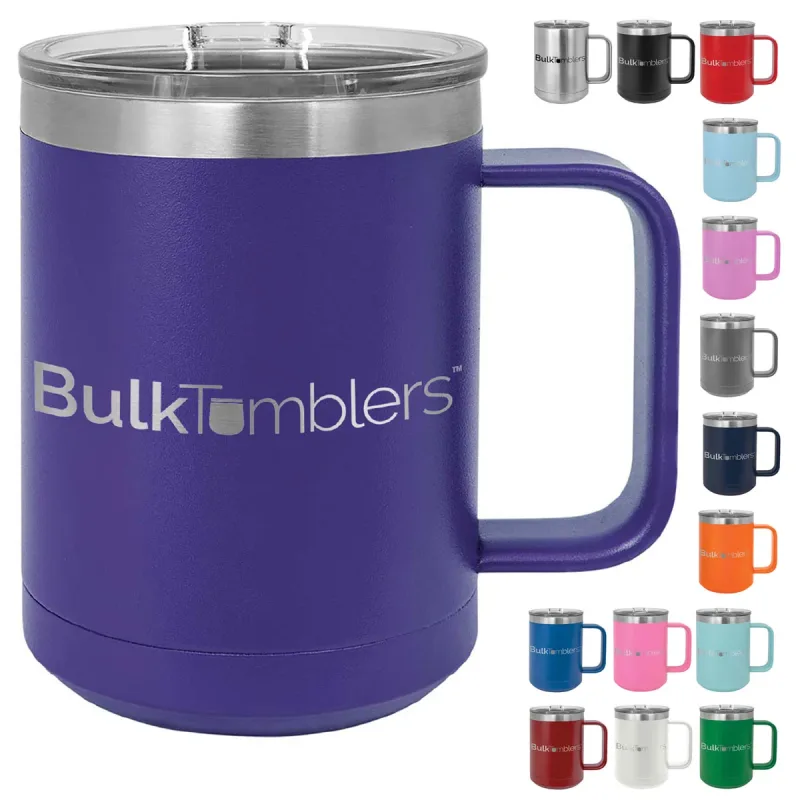 15 oz  Stainless Steel Insulated  Coffee Mug Personalized  Laser Engraved Logo Slider Lid