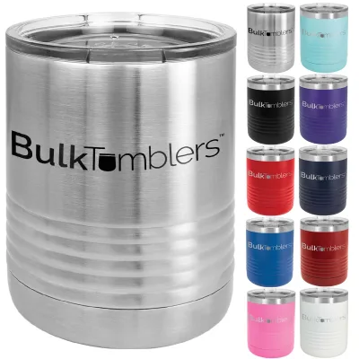 10 oz Lowball Whisky Glass med logo laserskåret på isolerede Rocks Tumblers i rustfrit stål + låg