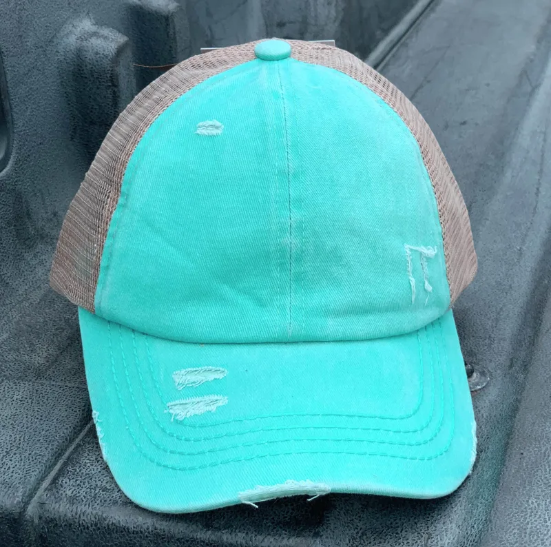 Ægte Mint CC Beanie CrissCross High Ponytail Trucker Hat Distressed Wash Denim