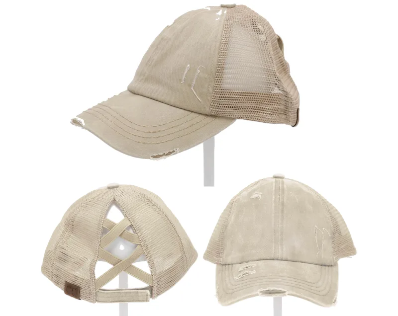 Ægte khaki CC Beanie CrissCross høj hestehale trucker hat med distressed wash denim