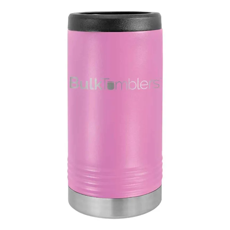 Gepersonaliseerde Skinny Beverage Holder voor slim blikje met lasergegraveerd logo op geïsoleerd roestvrij staal
