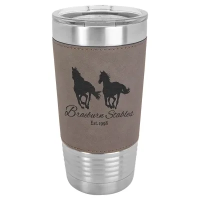 20 oz Faux Leather Personalized Tumbler -Logo Laser Engraved Insulated Stainless Steel + Lid