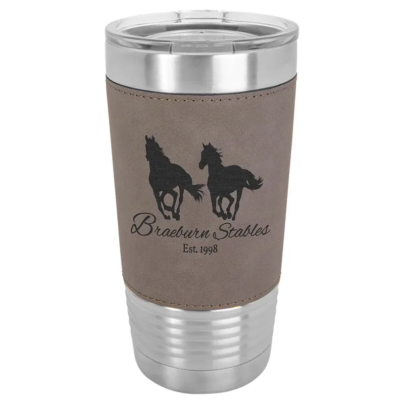 20 oz Faux Leather Personalized Tumbler -Logo Laser Engraved Insulated Stainless Steel + Lid