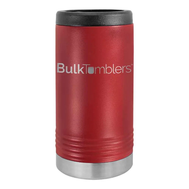Gepersonaliseerde Skinny Beverage Holder voor slim blikje met lasergegraveerd logo op geïsoleerd roestvrij staal