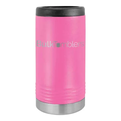 Gepersonaliseerde Skinny Beverage Holder voor slim blikje met lasergegraveerd logo op geïsoleerd roestvrij staal