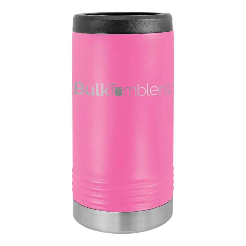 Gepersonaliseerde Skinny Beverage Holder voor slim blikje met lasergegraveerd logo op geïsoleerd roestvrij staal