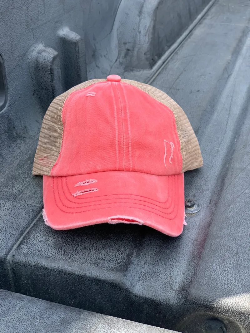 Ægte Coral CC Beanie CrissCross High Ponytail Trucker Hat Distressed Wash Denim