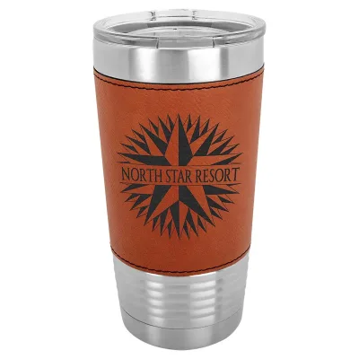 20 oz Faux Leather Personalized Tumbler -Logo Laser Engraved Insulated Stainless Steel + Lid