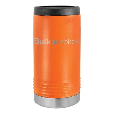 Gepersonaliseerde Skinny Beverage Holder voor slim blikje met lasergegraveerd logo op geïsoleerd roestvrij staal