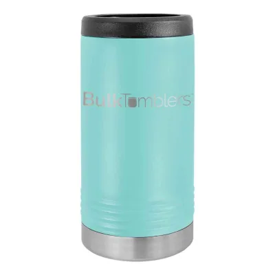 Gepersonaliseerde Skinny Beverage Holder voor slim blikje met lasergegraveerd logo op geïsoleerd roestvrij staal