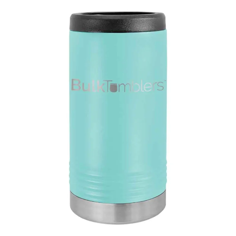 Gepersonaliseerde Skinny Beverage Holder voor slim blikje met lasergegraveerd logo op geïsoleerd roestvrij staal