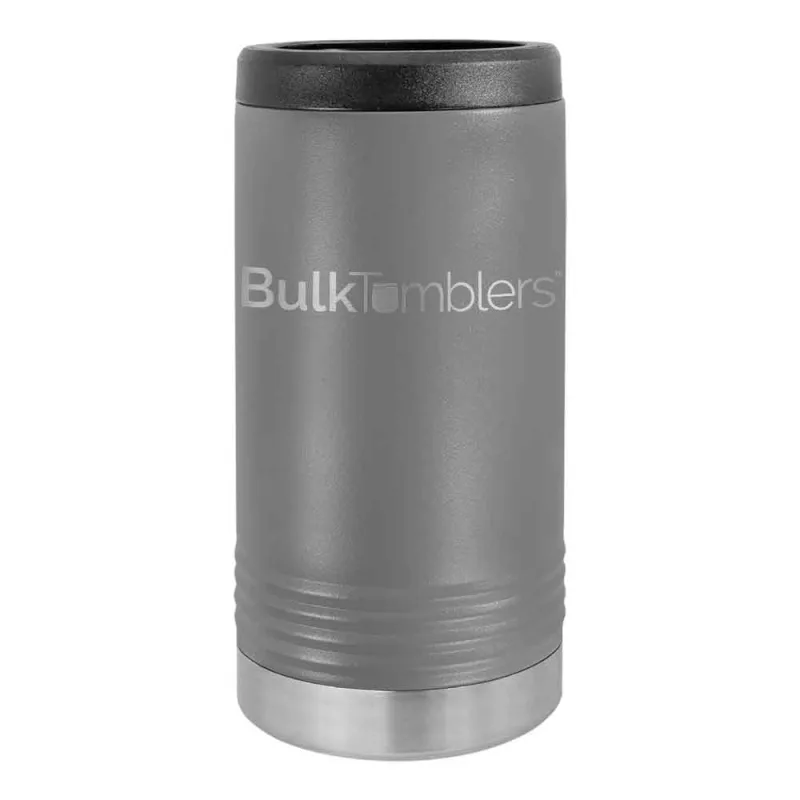 Gepersonaliseerde Skinny Beverage Holder voor slim blikje met lasergegraveerd logo op geïsoleerd roestvrij staal