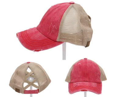 Aito punainen CC-pipo CrissCross-korkea poninhäntä trucker-hattu kärsinyt denim-pesu