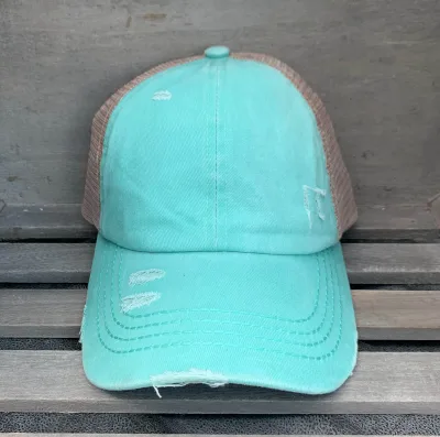 Authentic Mint CC Beanie CrissCross High Ponytail Trucker Hat Distressed Wash Denim