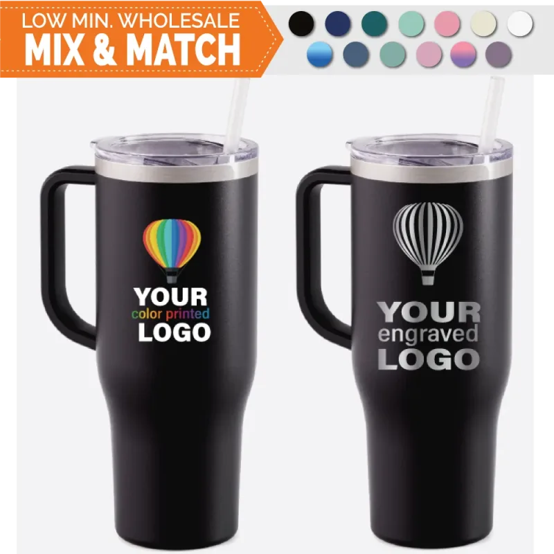 40 oz Handled Straw Lid Tumblers -Mix & Match- Bulk Wholesale Personalized Engraved or Full Color Print Logo