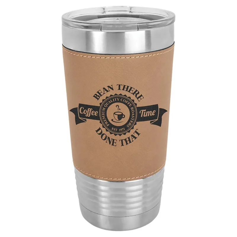 20 oz Faux Leather Personalized Tumbler -Logo Laser Engraved Insulated Stainless Steel + Lid