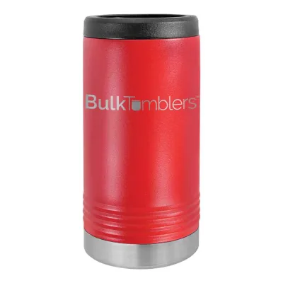 Gepersonaliseerde Skinny Beverage Holder voor slim blikje met lasergegraveerd logo op geïsoleerd roestvrij staal