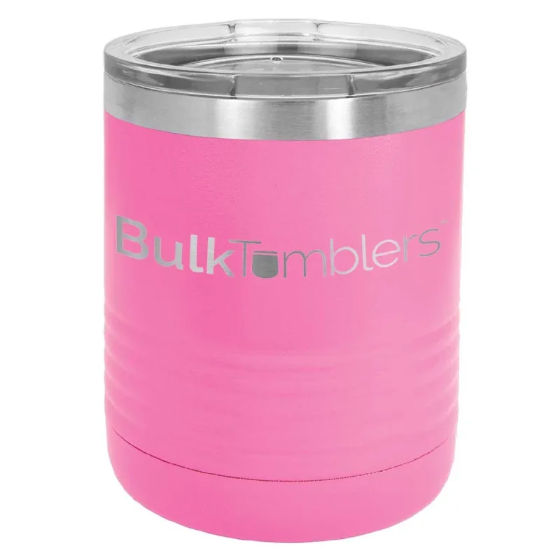 10 oz Lowball Whisky Glass med logo laserskåret på isolerede Rocks Tumblers i rustfrit stål + låg