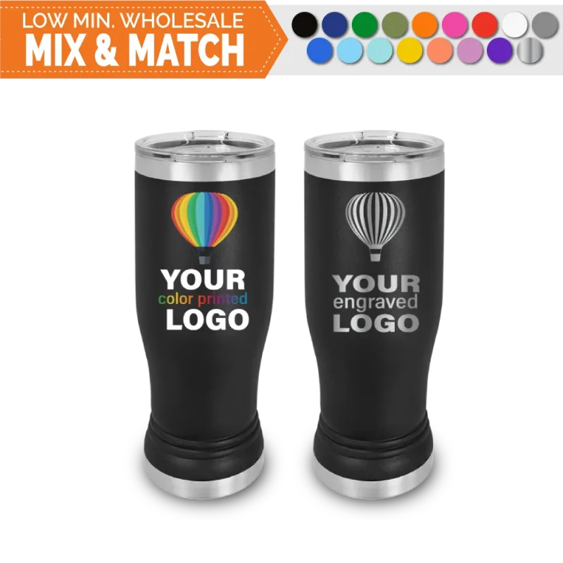 Vasos de cerveza pilsner promocionales de 14 oz -Combina y elige- Venta al por mayor personalizada con grabado o logo impreso a todo color